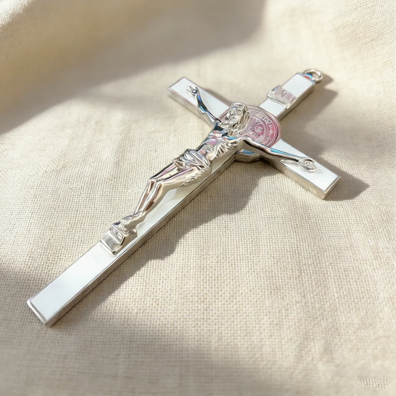 

HTISOK Polished Silver-Tone Catholic Crucifix with Saint Benedict Medallion and INRI Engraving for Home Altar and Daily Prayer