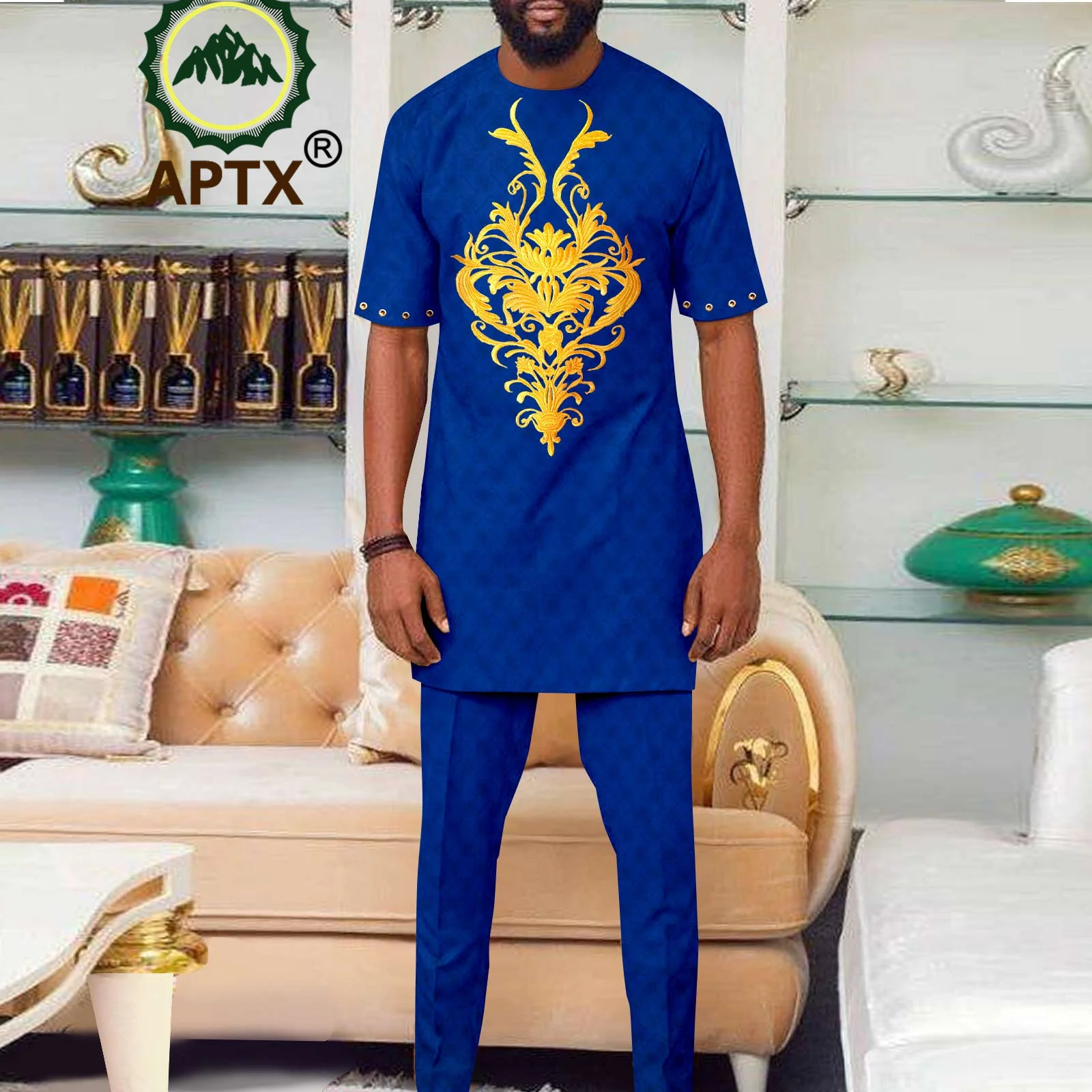 Dashiki African Men Outfits 2023 2 Piece Set Short Shirt Pants Top+ Slim Fit Trousers Casual Business Wedding Attire A2316079