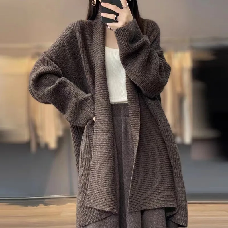 

French Lapel Long Cashmere Cardigan Maxi Women'S Autumn Solid Winter Open Stitch Knitted Sweater Coat Vintage Casual Harajuku