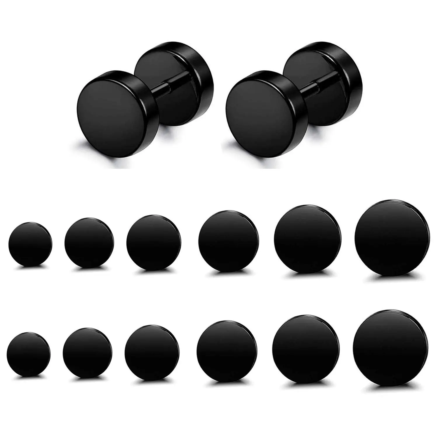 1 Pair/6 Pairs Unisex Punk Fashion Stainless Steel Black Stud Earrings for Men Women Faux Gauges Ear Tunnel Earrings Size 3-8mm