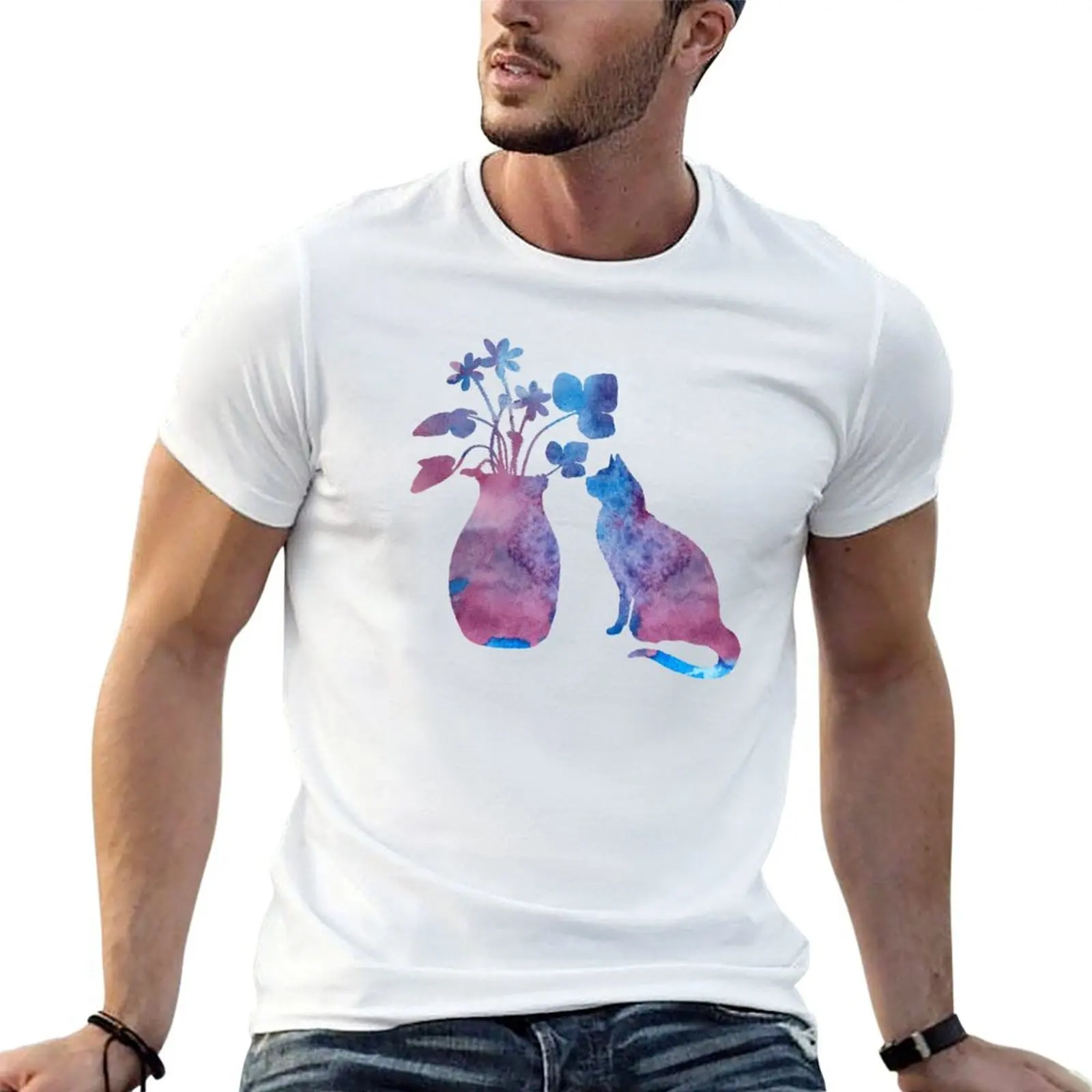 

A cat and a vase of flowers T-Shirt t shirts for man cotton soft t shirt men 100% cotton luxury brand T-Shirt