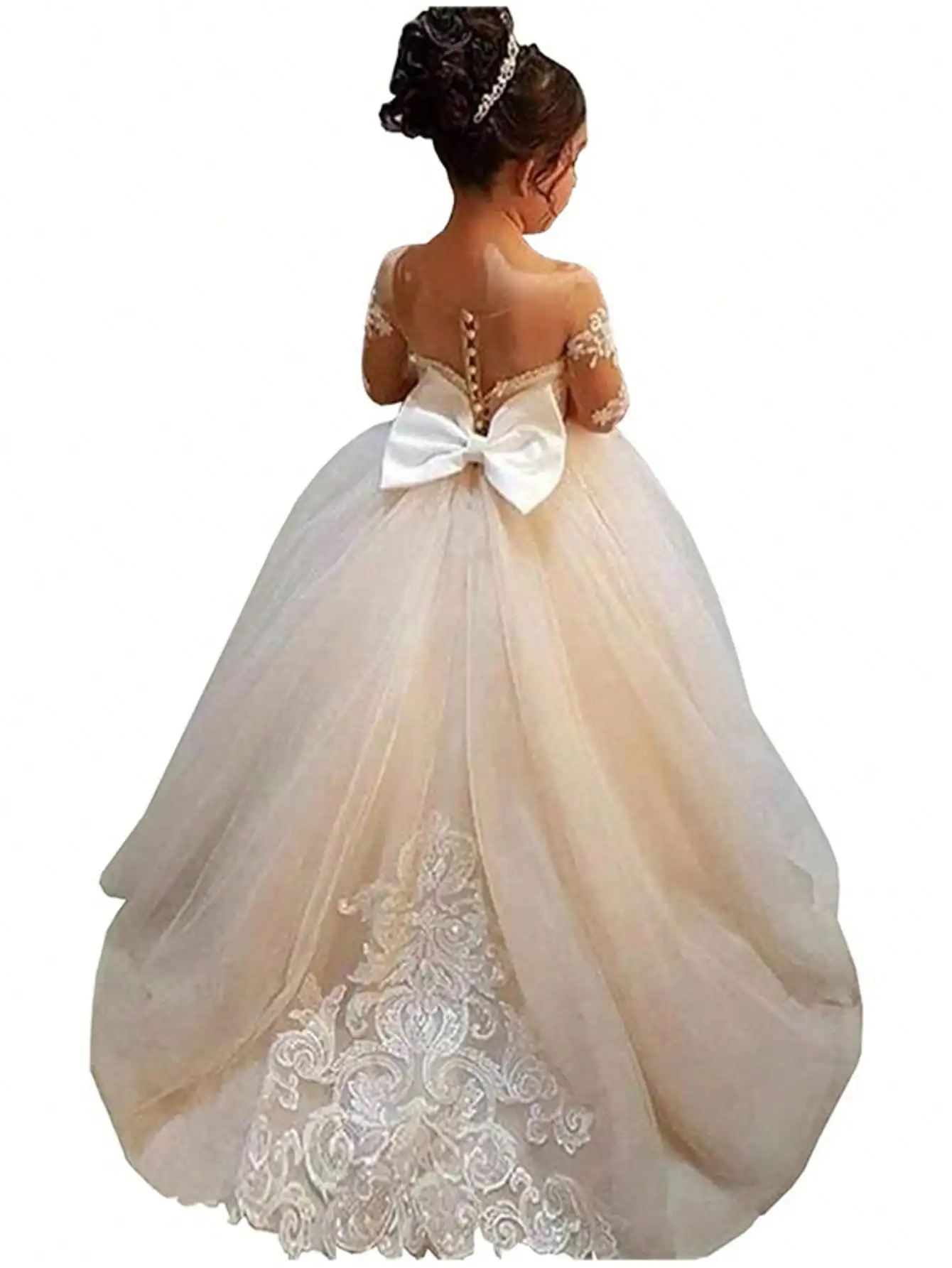 Flower Girl Dress with Lace Embroidery and Tulle Long Sleeves Children's Trailing Train Gown
