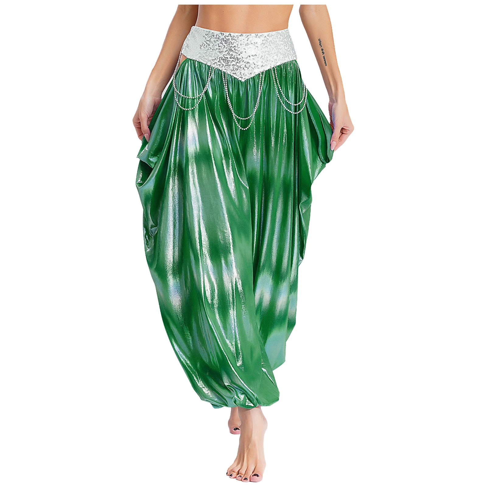 여성 밸리 댄스 바지 인도 Bellywood 오리엔탈 이집트 Bellywood 의상 체인 메탈릭 루즈 팬츠 스파클링 스팽글 바지