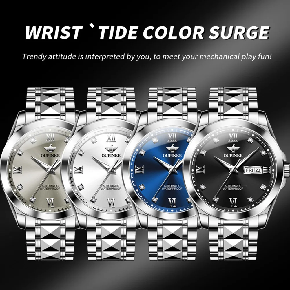 OUPINKE Original Brand Imported Movement Men\'s Watches Tungsten Steel Strip Automatic Mechanical Watch Week Calendar Waterproof