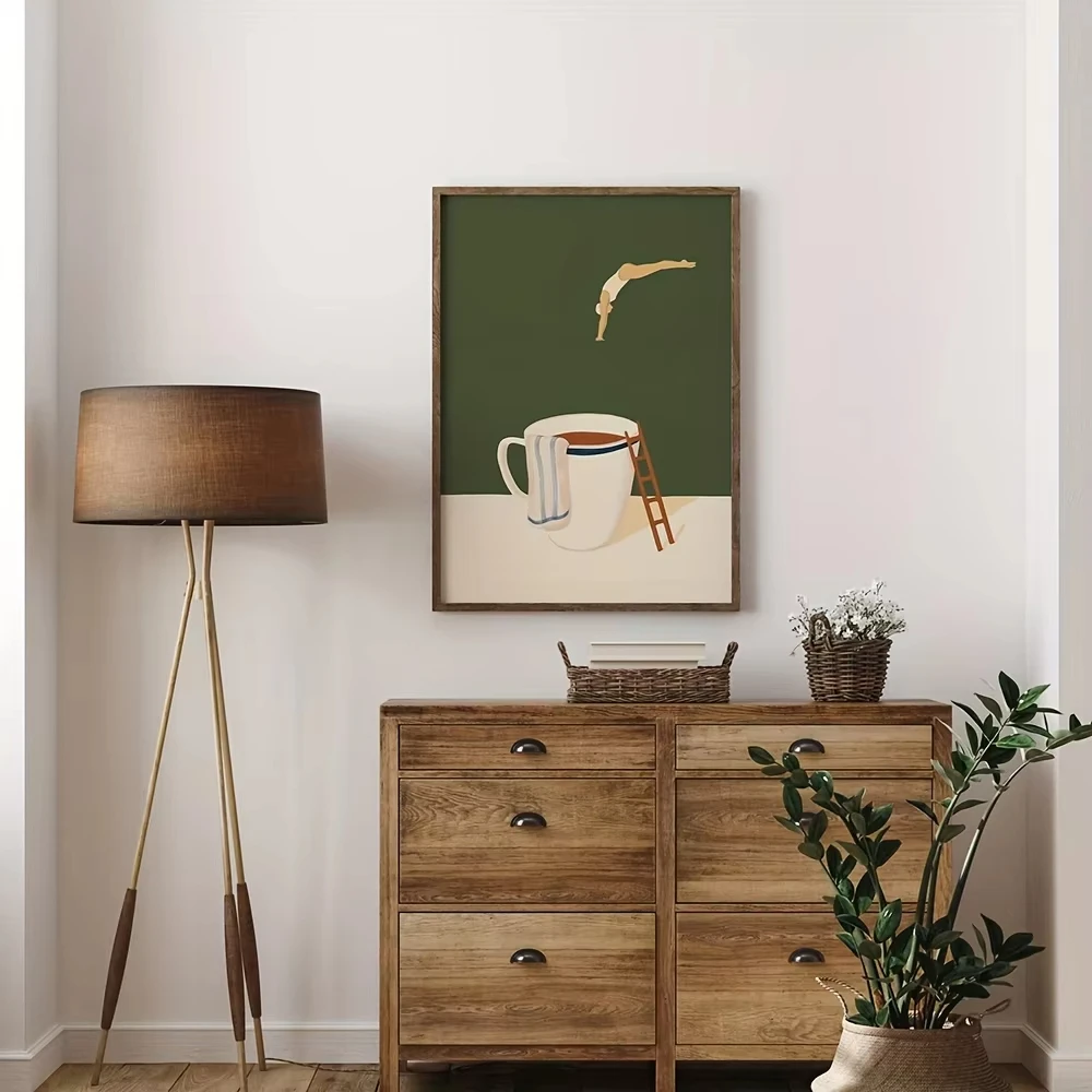 1PC frameless decorative art print,Fun Coffee Diving Poster Print Minimalist Good Morning Coffee Little People Canvas Art Kitche