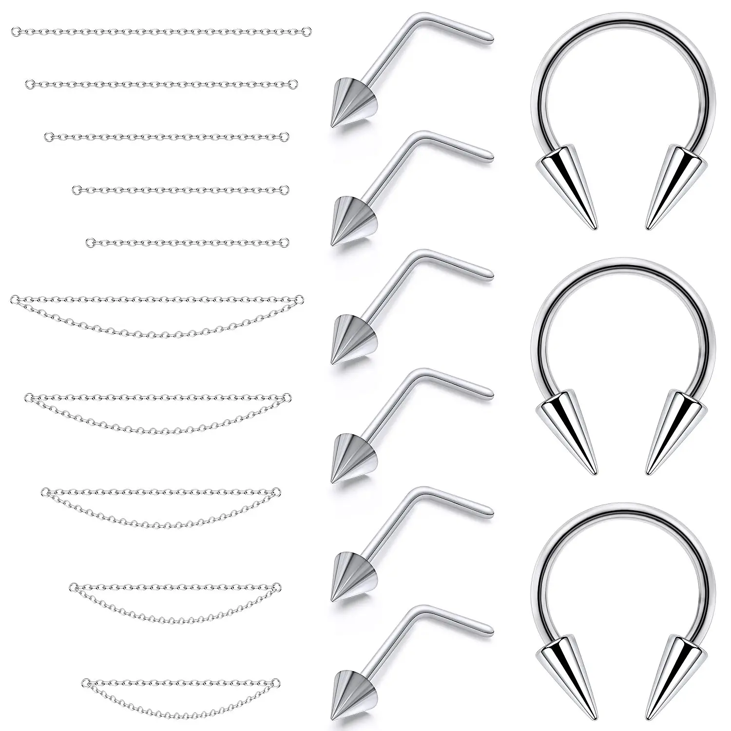 Nose Chain Women Men Surgical Steel Spike Nose Studs with Chain Nose Rings Stud Double Long Spike Septum Piercing Jewelry 19Pcs