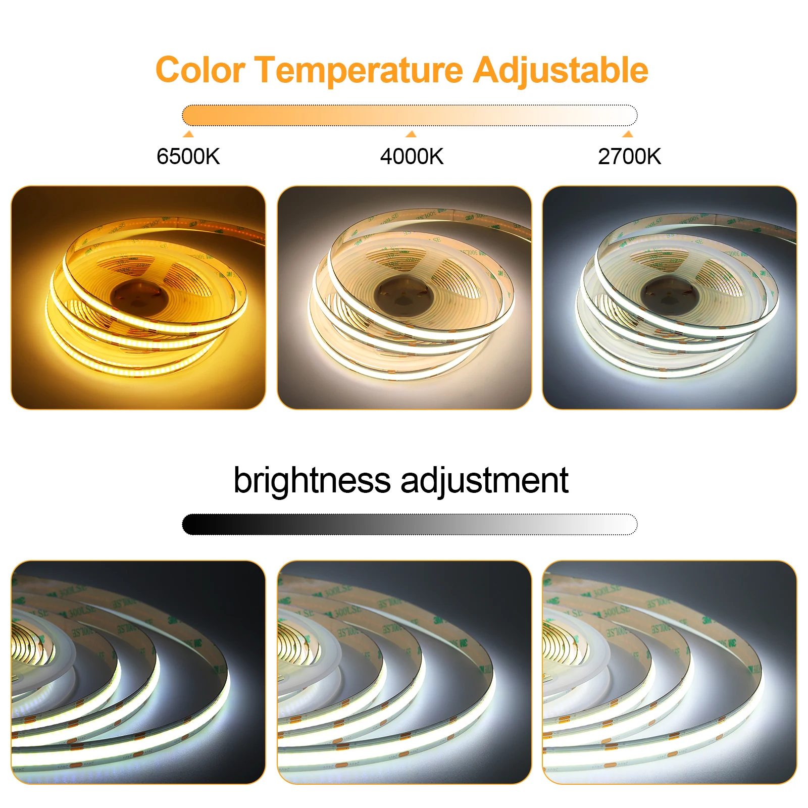 DC12V 24V CCT COB LED Strip With Touch RF Remote Control 2700K to 6500K Changeable Linear Tape 608 LEDs/m Flexible COB LED Tape