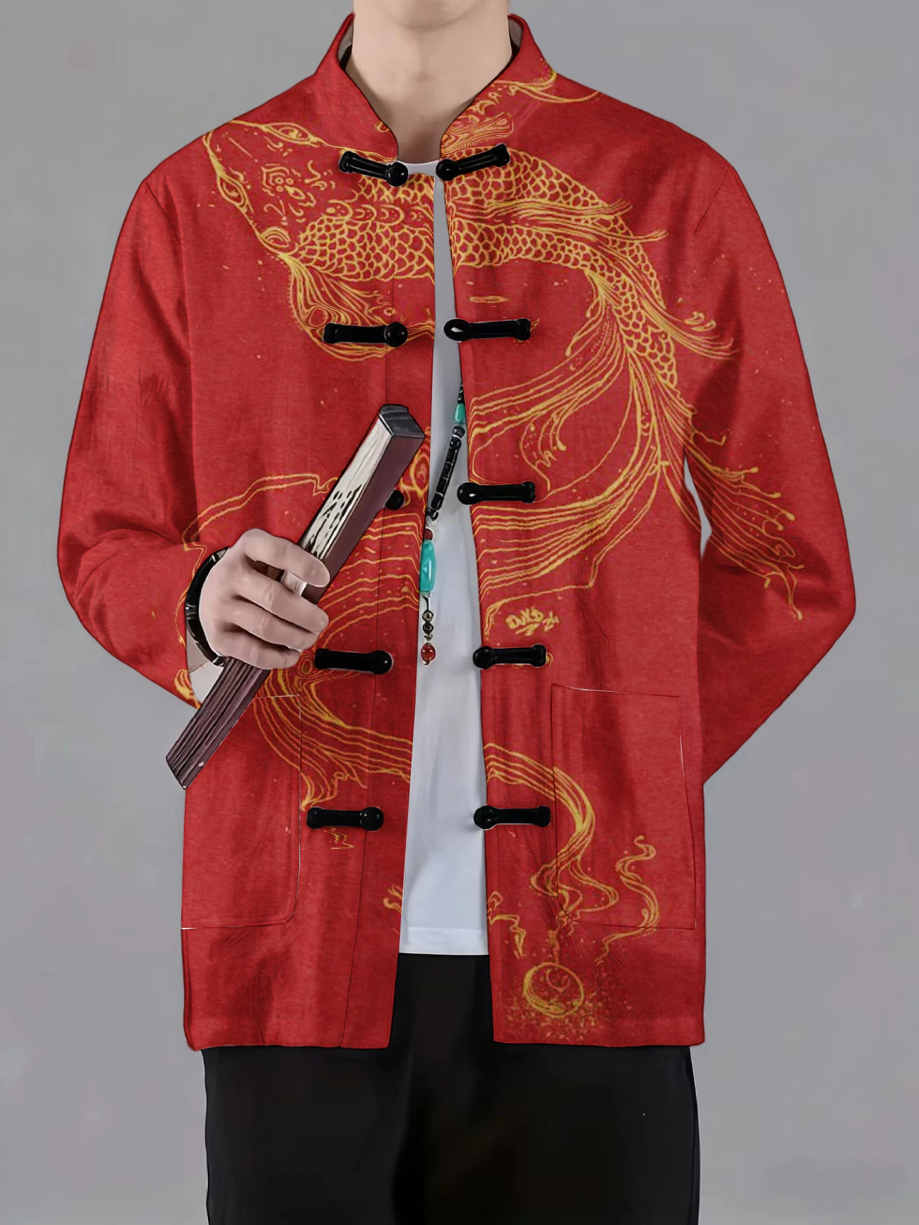Men Men Mandarin Collar Frog Button Jacket Leaf Marble Octopus Koi Art Print Traditional Outerwear - Aliexpress Deal