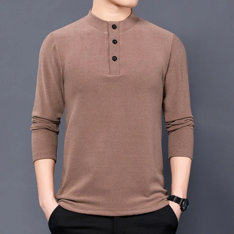 Fashion Men's De Velvet Thickened Sweater Winter Double-sided Fleece Half High Collar Warm T-shirt Solid Color Button Bottoming