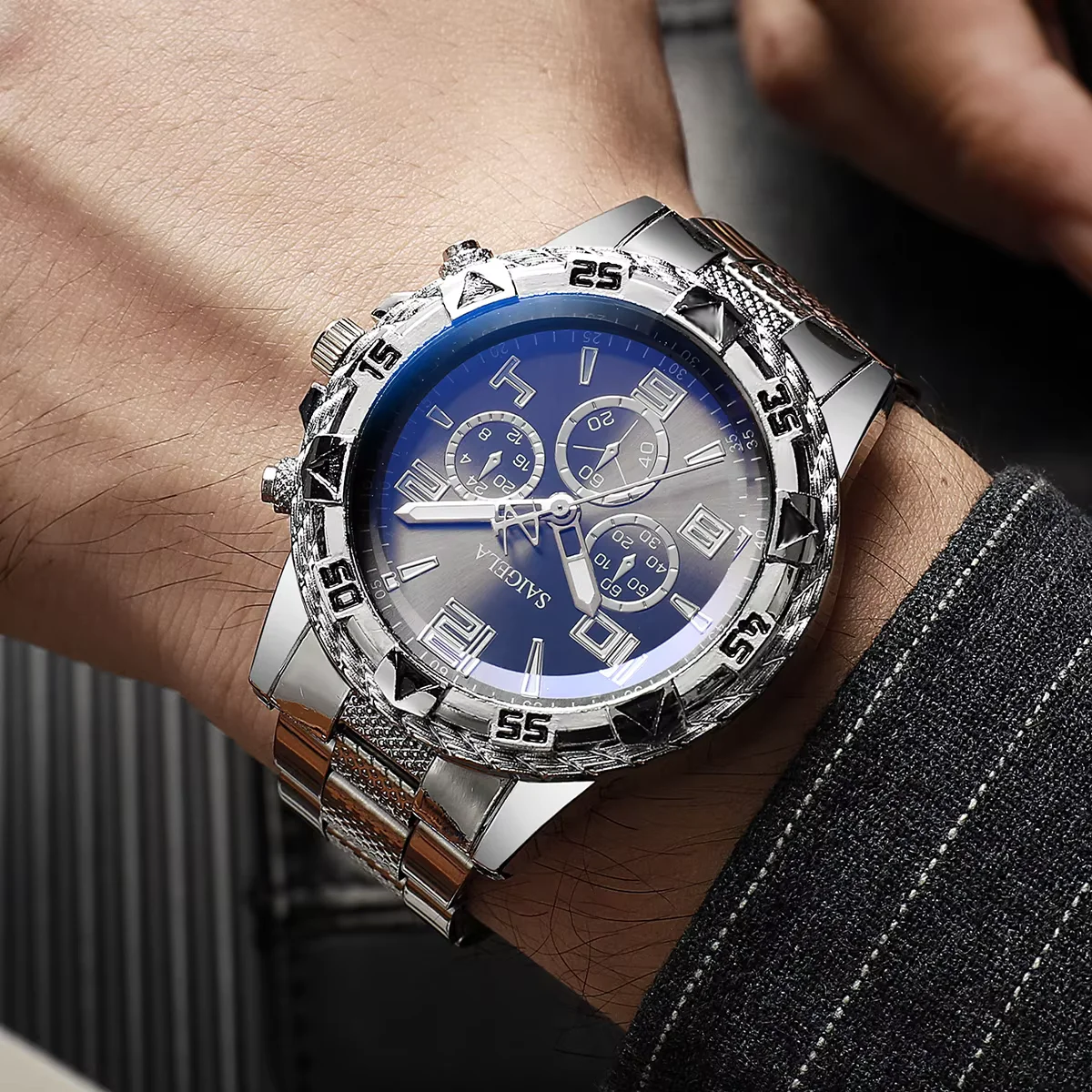Relógios de Negócios Masculinos com Mostrador Árabe e Pulseira de Aço, Conjunto de Relógio de Quartzo Masculino (Sem Caixa)
