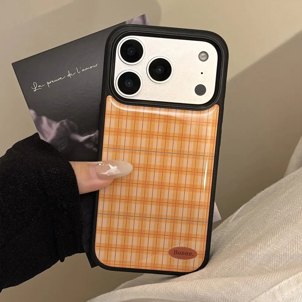 Persönlichkeit Orange Gittermuster Tropfenkleber Schwarzer Rand Handyhülle für iPhone 17 16 15 14 13 12 Pro Max Plus Air