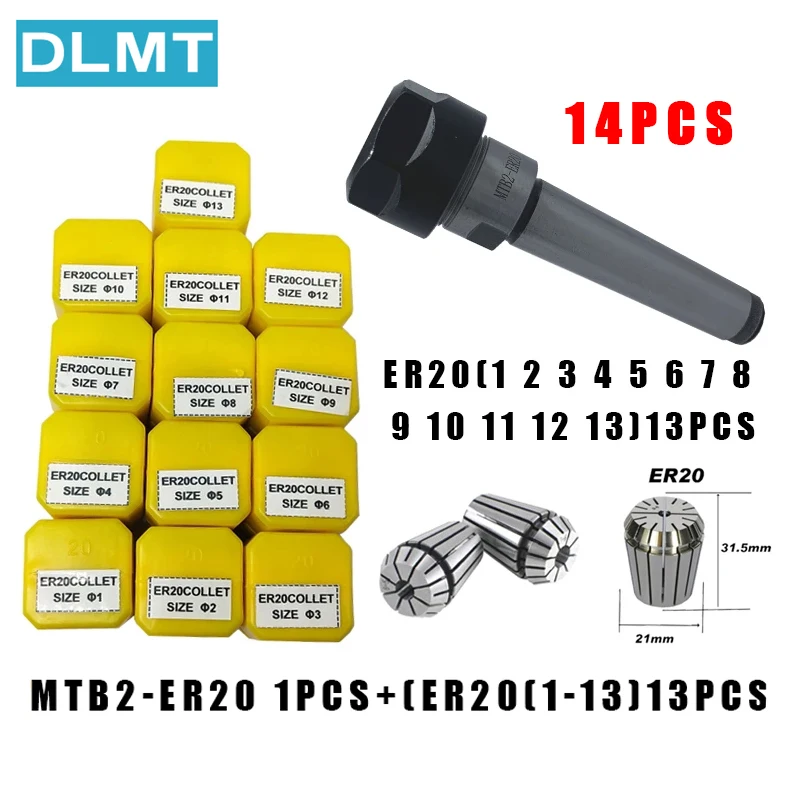 1pc Handle MT2 ER20 MTB2 ER20A M6 Morse#2 Taper Holder Collet Chuck+13pcs Spring Collet 1/2/3/4/5/6/7/8/9/10/11/12/13MM