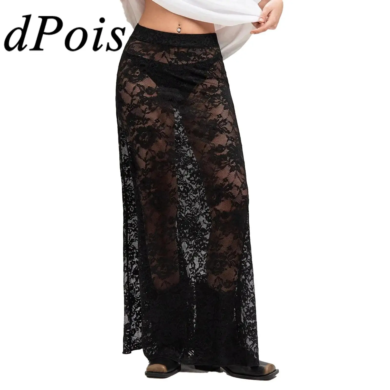 

Женская прозрачная кружевная макси-юбка с цветочным узором, с высокой талией, на резинке, в стиле Y2K, модная уличная одежда, пляжная накидка