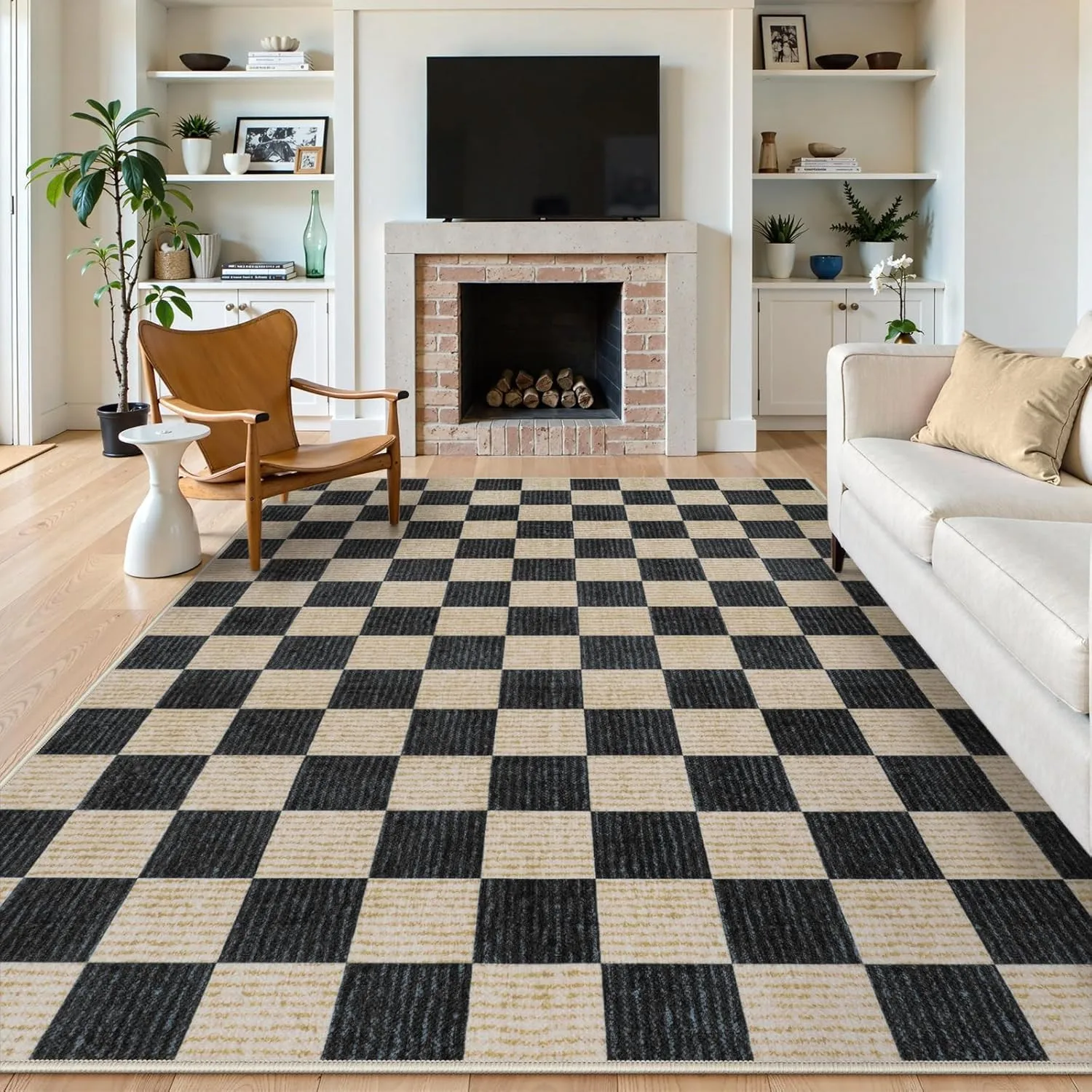

8X10 Area Rugs for Living Room, Checkered Non-Slip Washable Rugs, Farmhouse Neut
