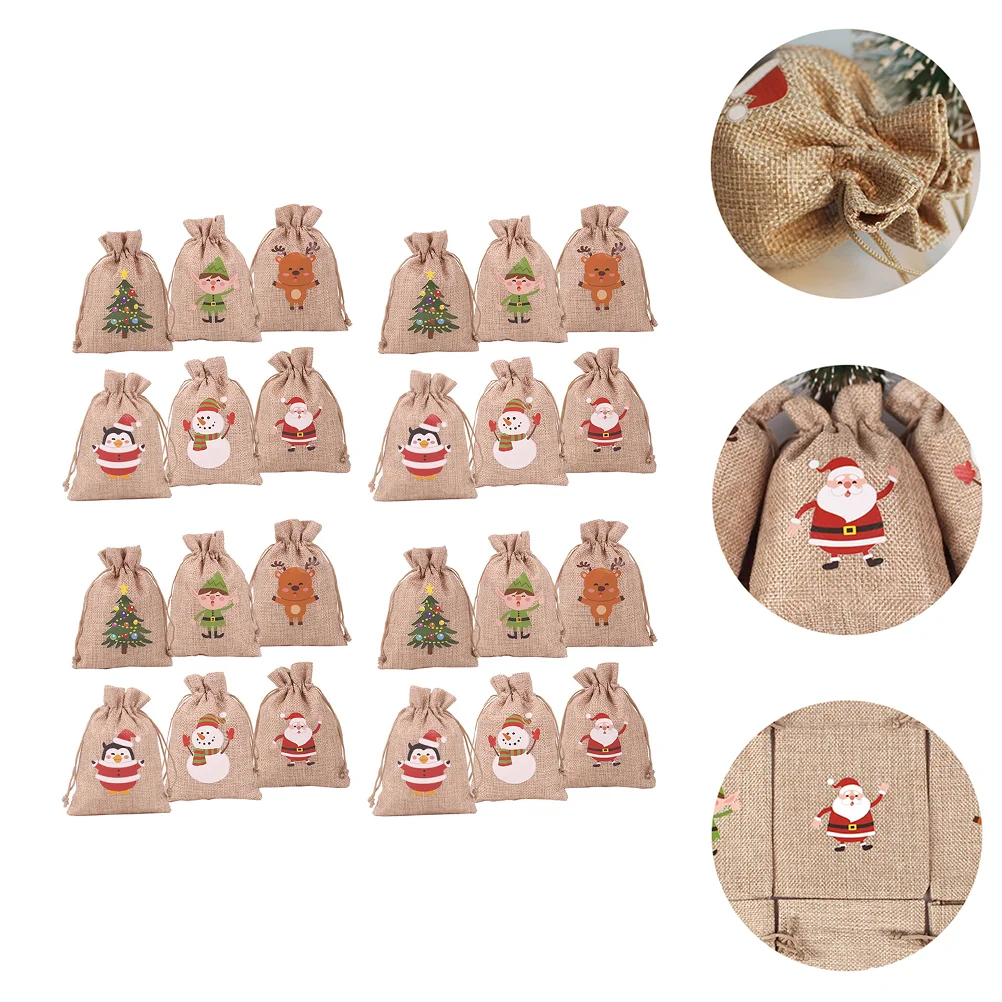 24 Pcs Burlap Drawstring Bags Christmas Sack Calendars Advent Linen Elder Decor