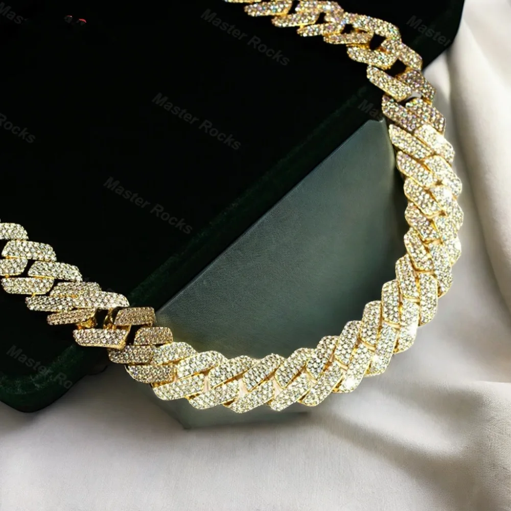 

Dope Hiphop 925 Sterling Silver Iced Out Jewelry Buss Down Gold Plated 4 Rows 20mm Moissanite Cuban Chain