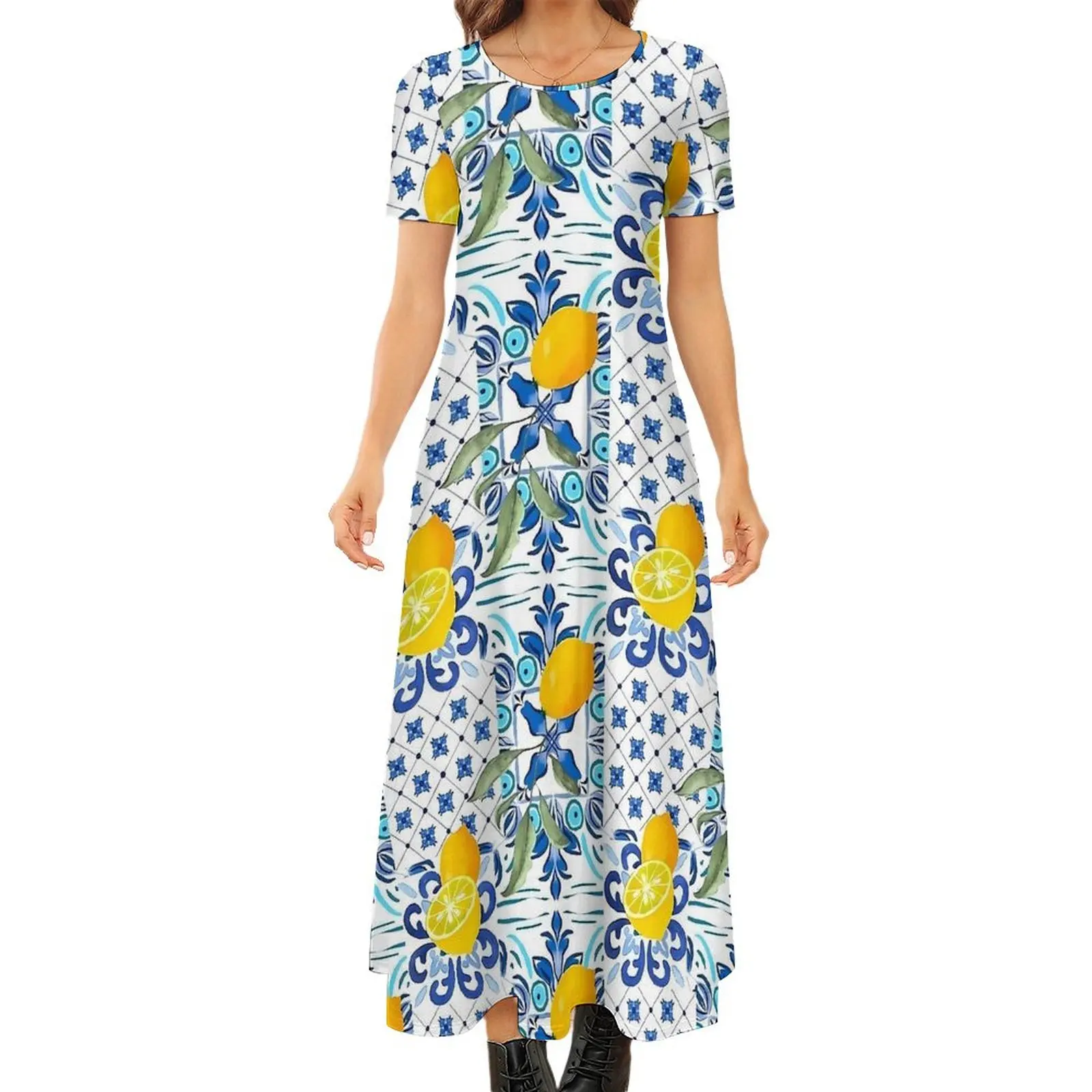 Mosaic Lemon Dress Vintage Sicilian Tiles Funny Bohemia Long Dresses Ladies Kawaii Maxi Dress Big Size 6XL 7XL