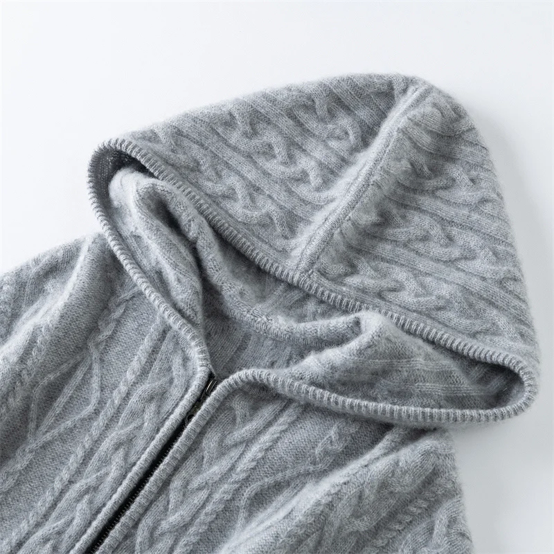 

Autumn Winter Zipper Twisted Floral Coat Chic Luxury Women's 100% Cashmere knitted Hooded Cardigan High Quality Thick Sweater