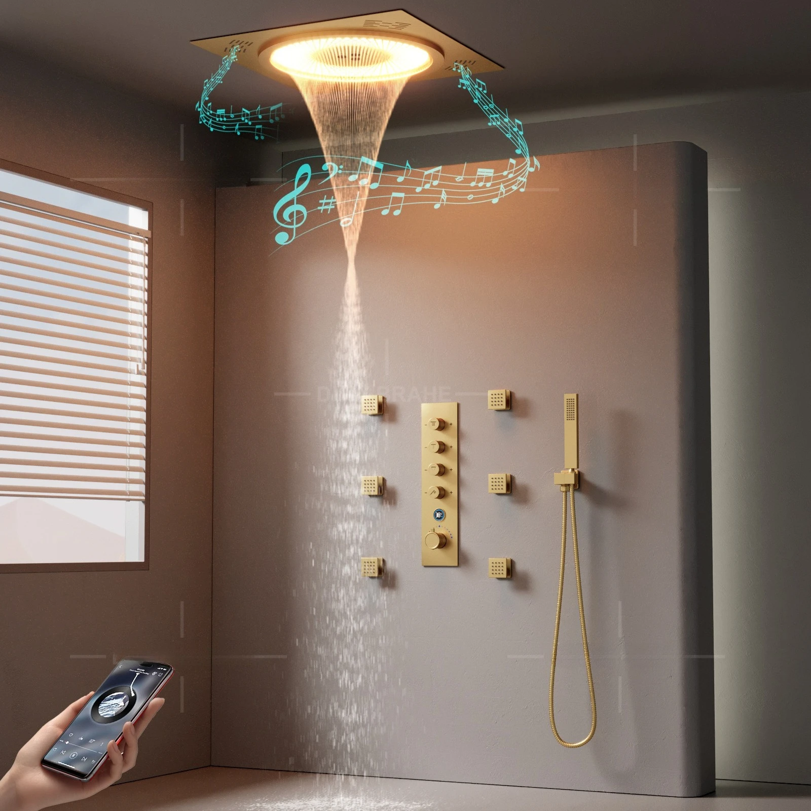 500x500mm LED Music Shower Panel Brass Thermostatic Digital Valve Gold Finish Bathroom
