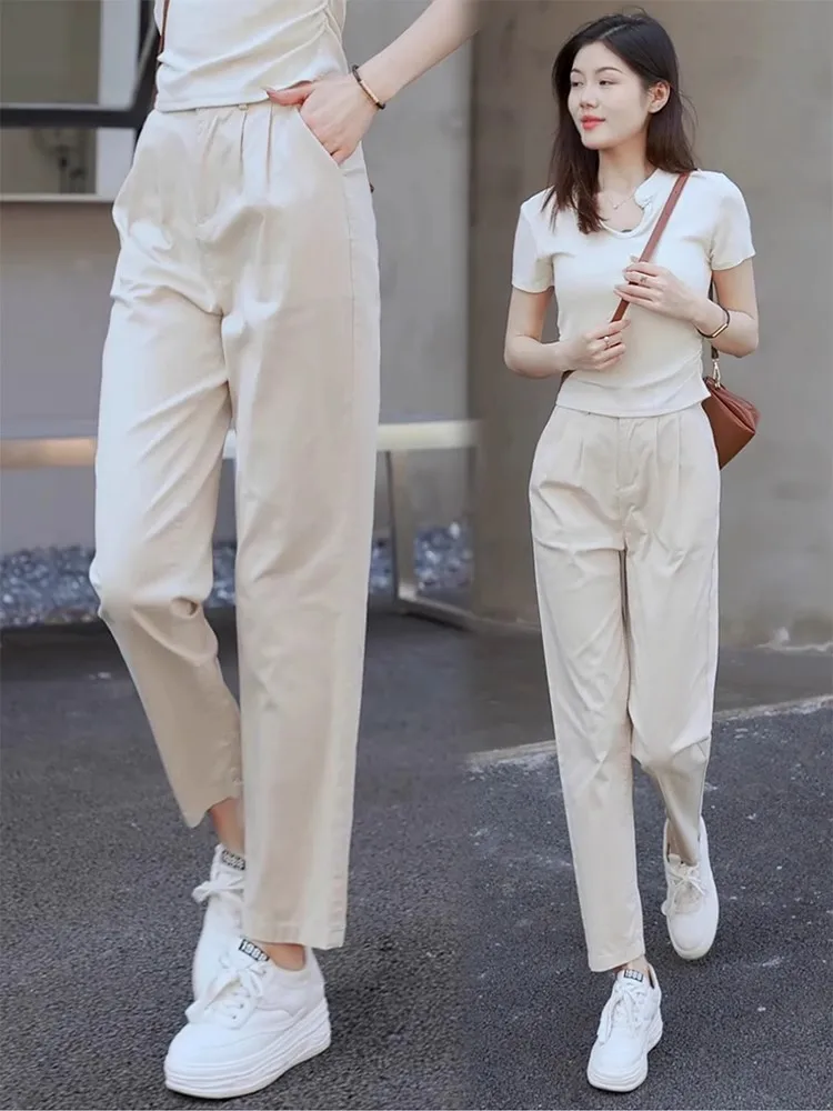 High Waist Straight Leg Harem Pants Women's Summer Thin Casual Loose Fit Slimming Capri Pants Cotton Blend Comfortable view 2