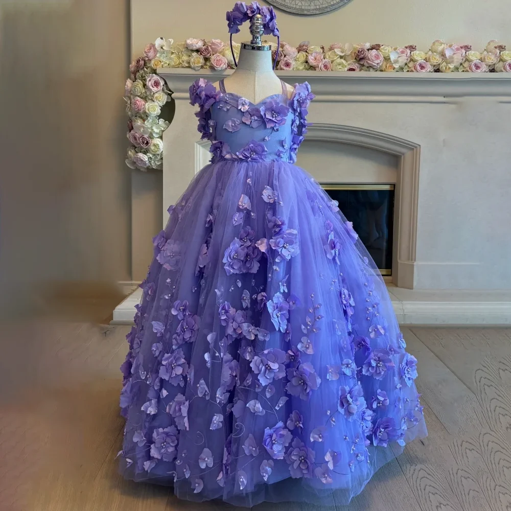 

Customized Flower Girl Dress Purple Appliques Tulle A-Line Lace Up Dresses For Wedding First Communion Birthday Party Ball Gowns