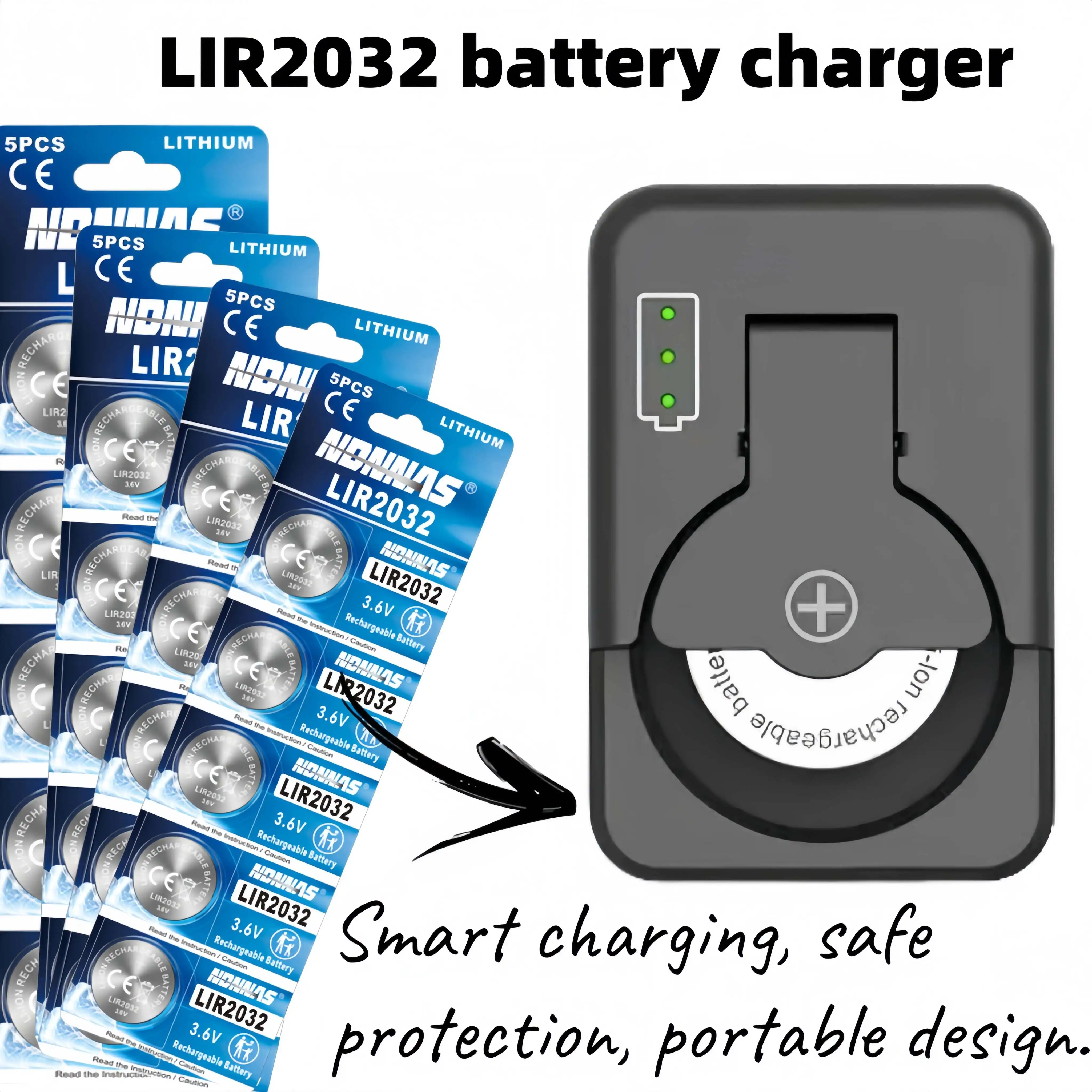 

5-20PCS LIR2032 3.6V Rechargeable Lithium Coin Button Battery with Charger For Car Key Remote Control Anti-theft Alarm Device