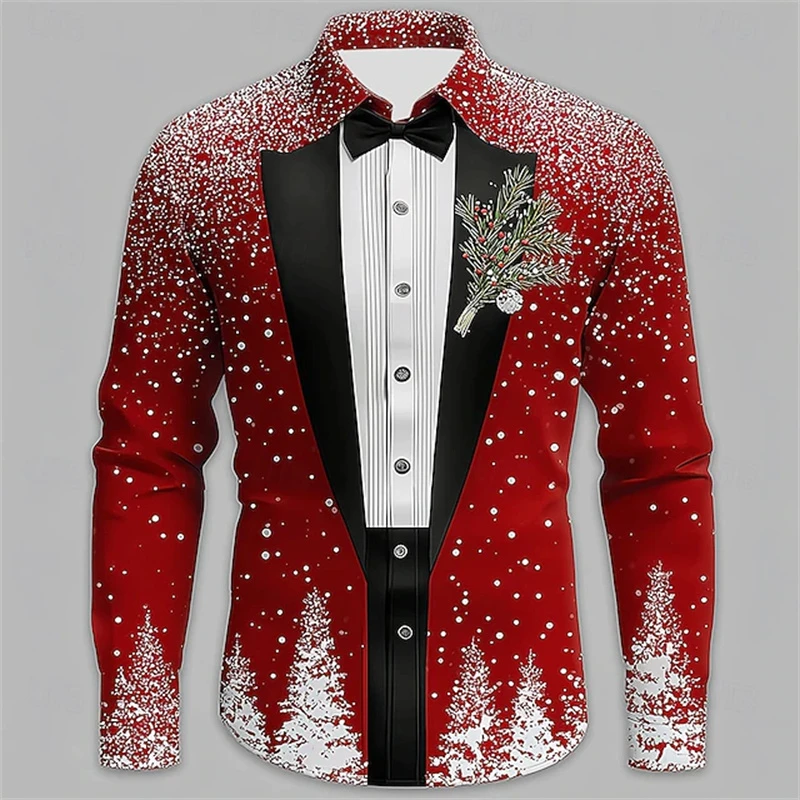 Camisas rojas de Navidad para hombre, pajarita con copos de nieve, ropa de Navidad, moda informal para exteriores, camisa de regalo de vacaciones para hombre, Tops de manga larga