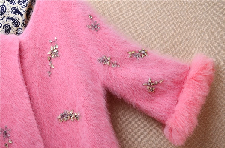 Female Women Fall Winter Sweet Pink Beading Hairy Mink Cashmere Knitted Fur Sleeves Slim Cardigan Angora Fur Jacket Sweater Pull