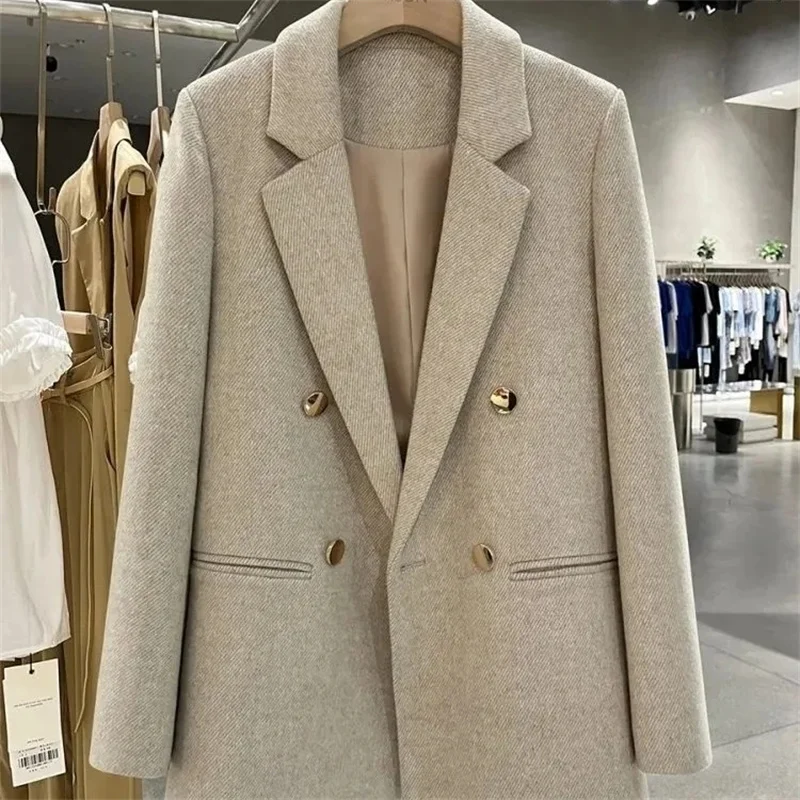 2026 Autumn Winter New Double breasted Woolen Suit Jacket Women's British style Female Long sleeves Coat Casual Blazer Outwear
