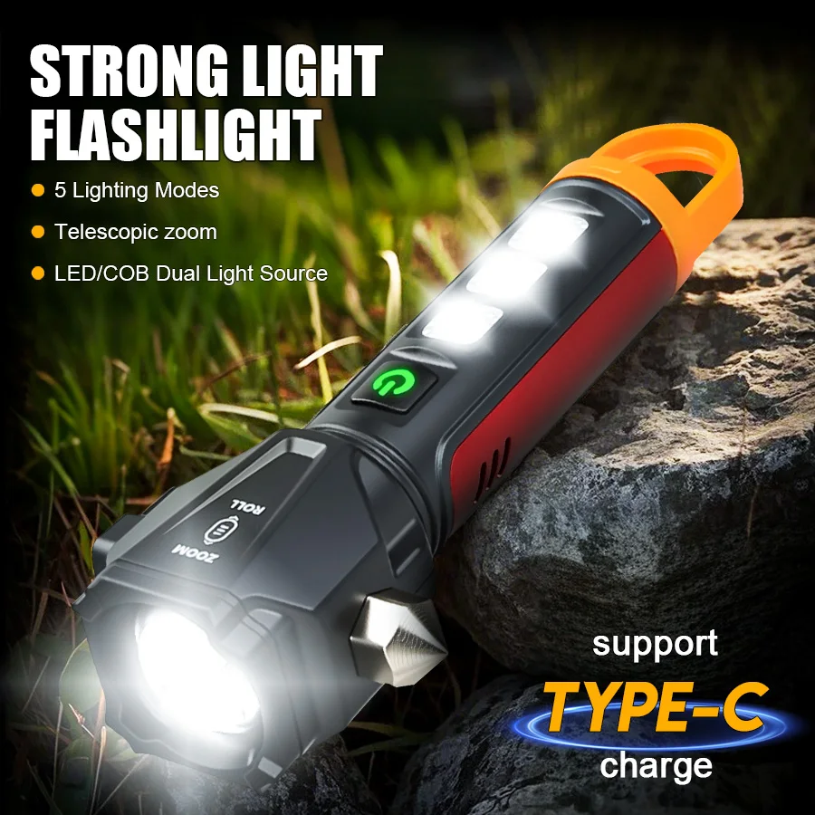 

Многофункциональный фонарик с зумом, инструмент для наружного освещения с безопасным молотком, резаком и крючком, перезаряжаемый фонарик для пеших прогулок, кемпинга, выживания