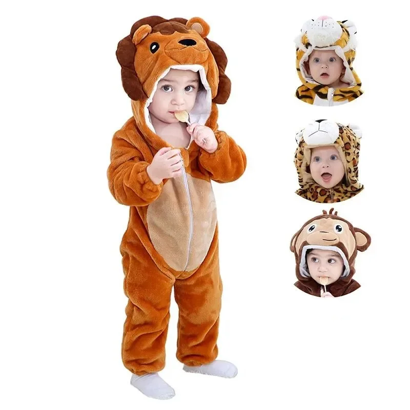 0-3Y Toddler Flannel Animal Costume Baby Newborn Lion Warm Bodysuit Children's Hooded Pajamas Cute Baby Cartoon Pattern Clothing