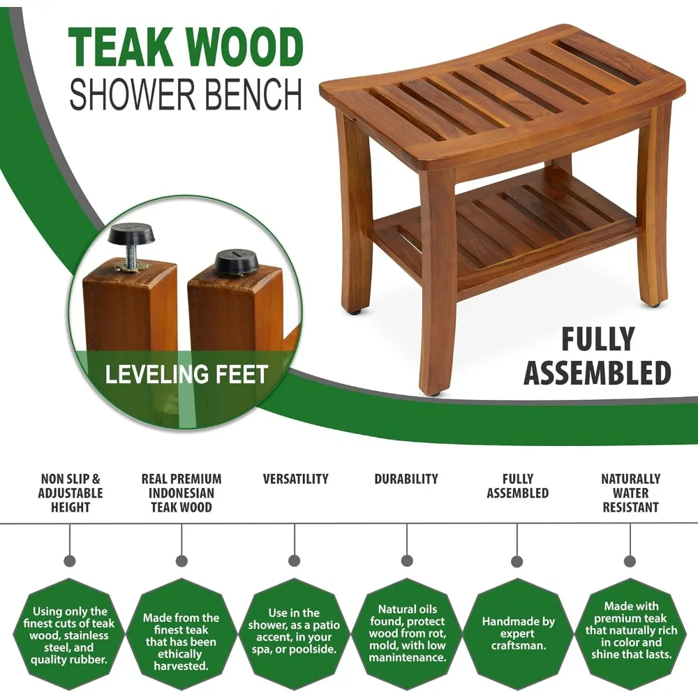 Teak Shower Bench 21 Inch, Fully Assembled Wood Bath Stool for Shower & Spa