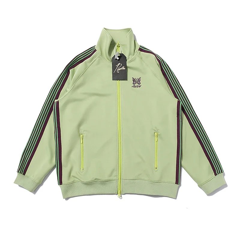 Arrival Butterfly Embroidery Long Sleeve Jacket Men Women Lapel Collar Oversize Webbing Track Stripe Green Casual Coat