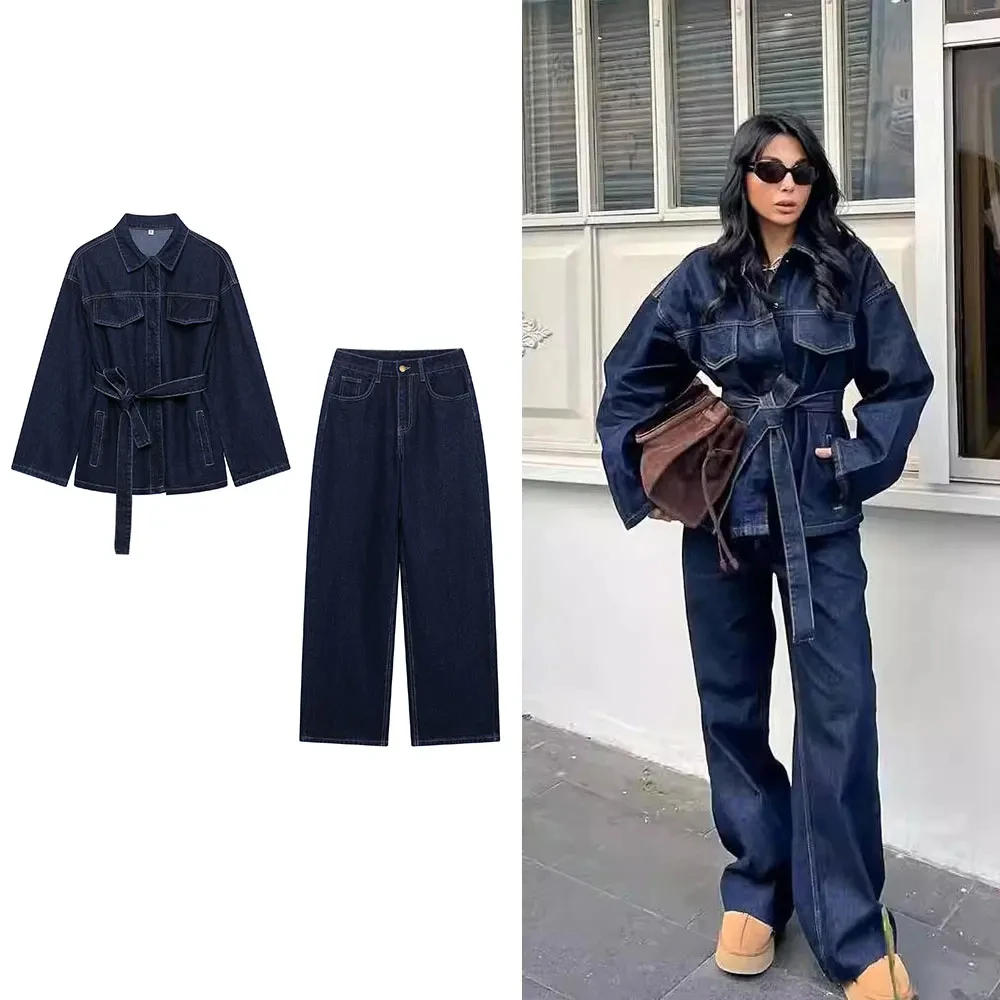 

Women Fashion 2 Pieces Sets With Belt Denim Jackets & Vintage Front Zipper Jeans Trousers Feamle Chic Lady Pants Sets