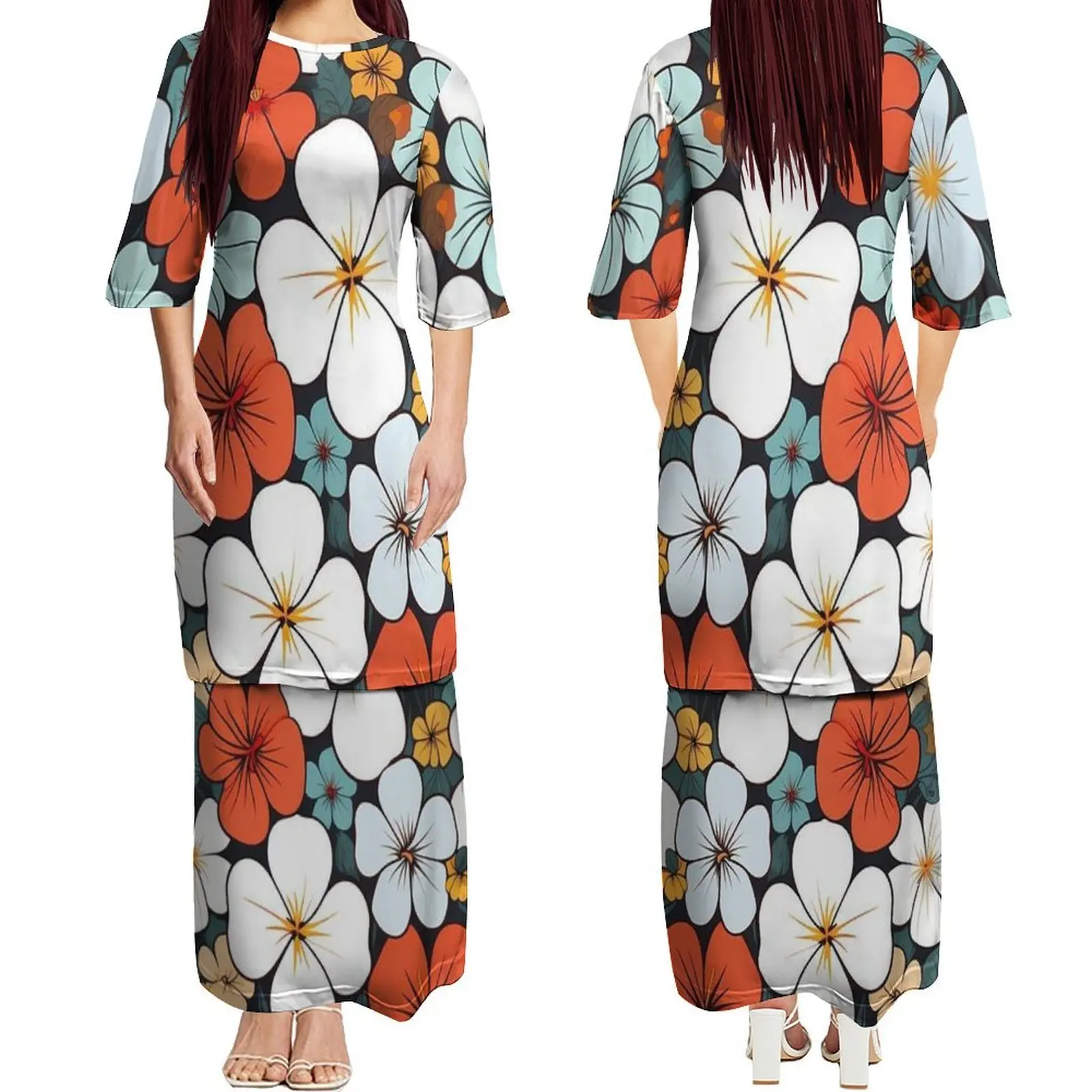 Vestido de dupla camada para mulheres com gola redonda e manga média personalizado hibisco padrão verão puletasi vestido elegante e emagrecedor