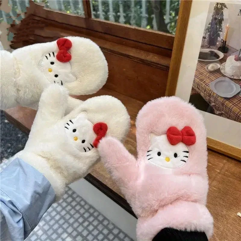 Hello Kitty Gloves Sanrio Amime Plush Gloves Cute Cartoon Keep Warm Glove Outdoor Activity Windproof Riding Girl Christmas Gifts