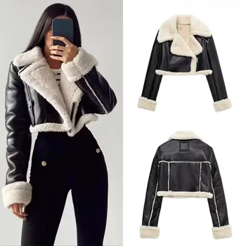 Image Women's Cropped Leather Jacket Coat Black Wool Blends Coats Bomber Tweed Jacket Autumn Winter Leather and Fur Crop Jacket