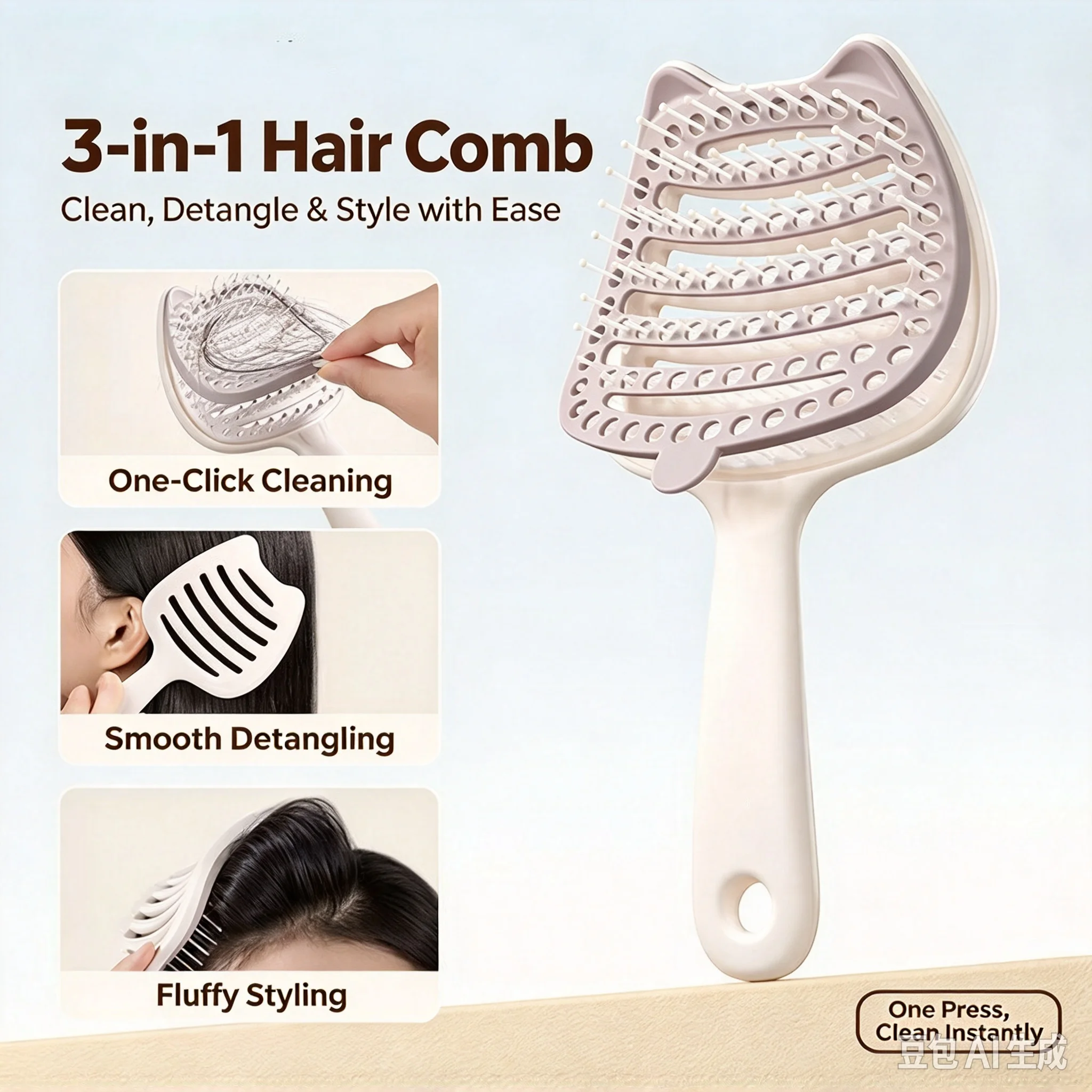 Large Hollow Vent Hair Brush, Self Cleaning Fluffy Root Volumizing Comb, High Crown Hairstyle Styling Brush, Scalp Massage Detan