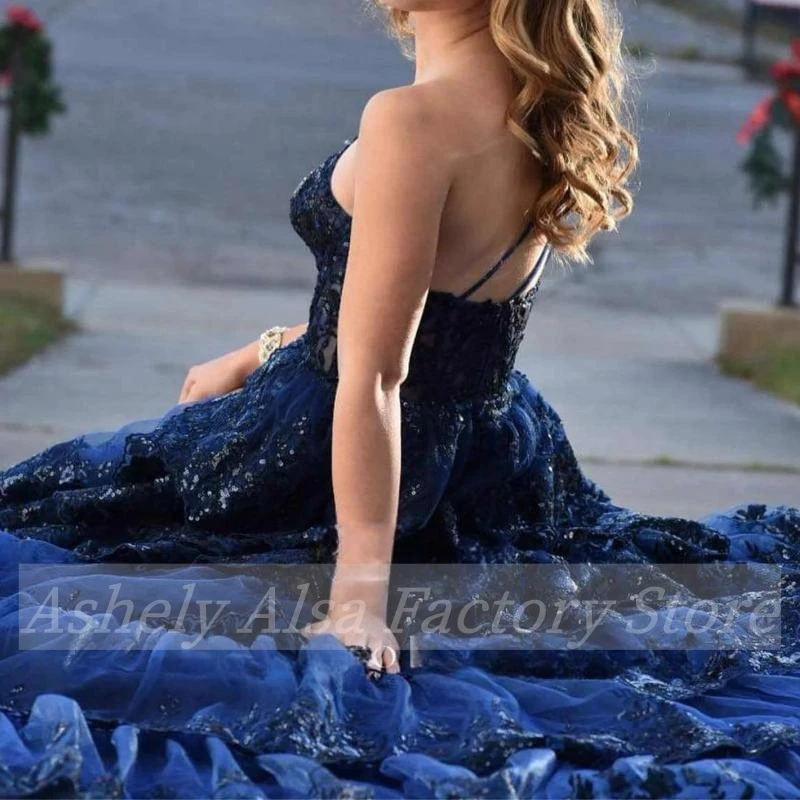 AN17 Customized Navy Blue Women Formal Special Occasion Dresses V Neck Lace Tiered Skirt Long Evening Prom Party Gown Vestidos