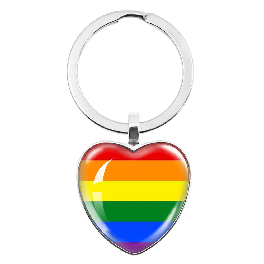 LGBT Heart Shaped Pendant Glass Cabochon Keychain Gay Lesbian Pride Rainbow Car Key Holder Charm Jewelry For Homosexuality Gift