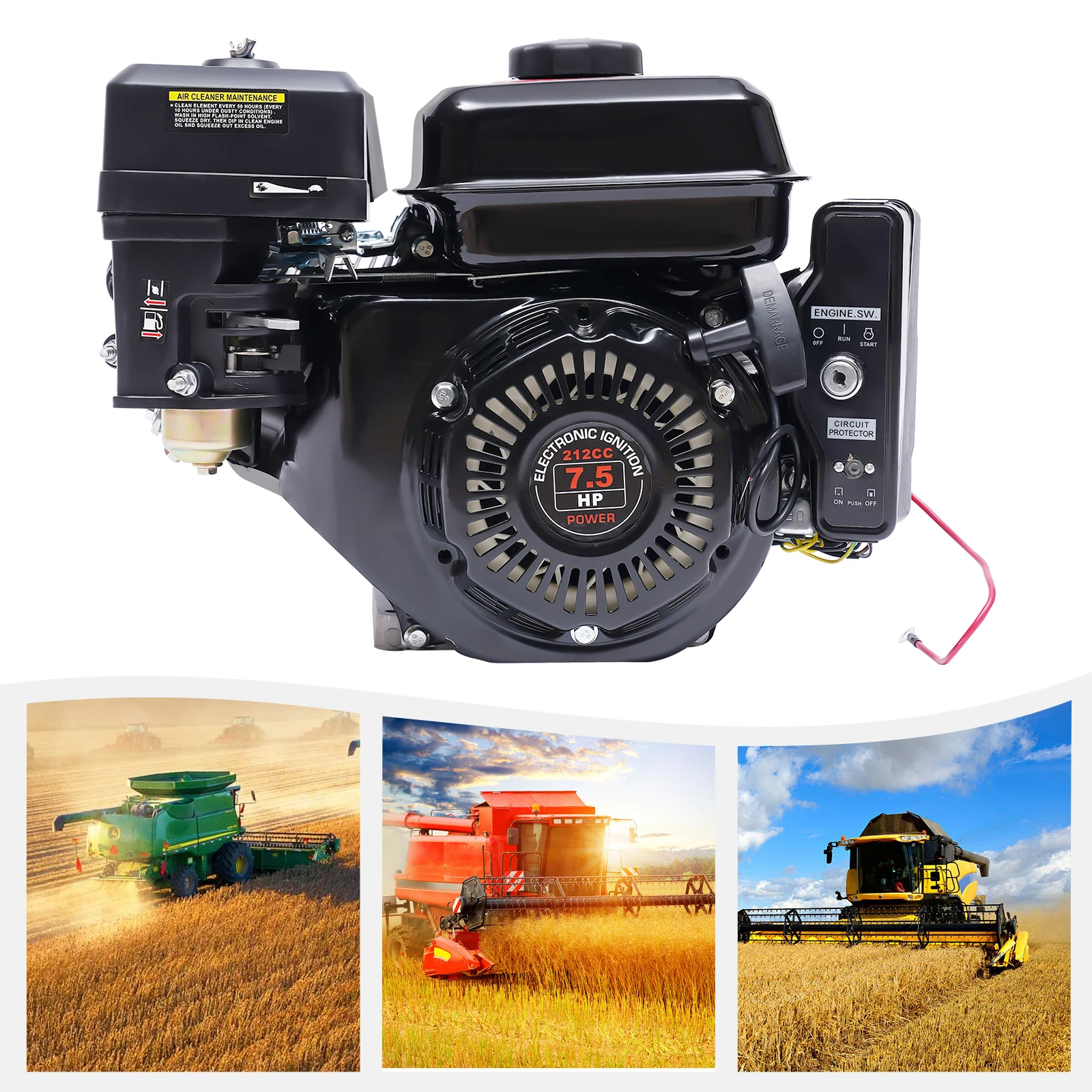 

3KW 210CC 7.5HP 4-Stroke Gasoline Engine Hand/Electric Start OHV Air Cooling Gas Engine Motor for Go Karts Compressors 3600RPM