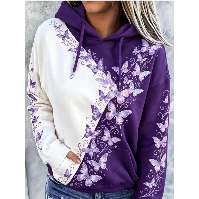 Women's fleece hooded sweatshirt Artistic sequin floral butterfly print Long-sleeved top with drawstring pockets