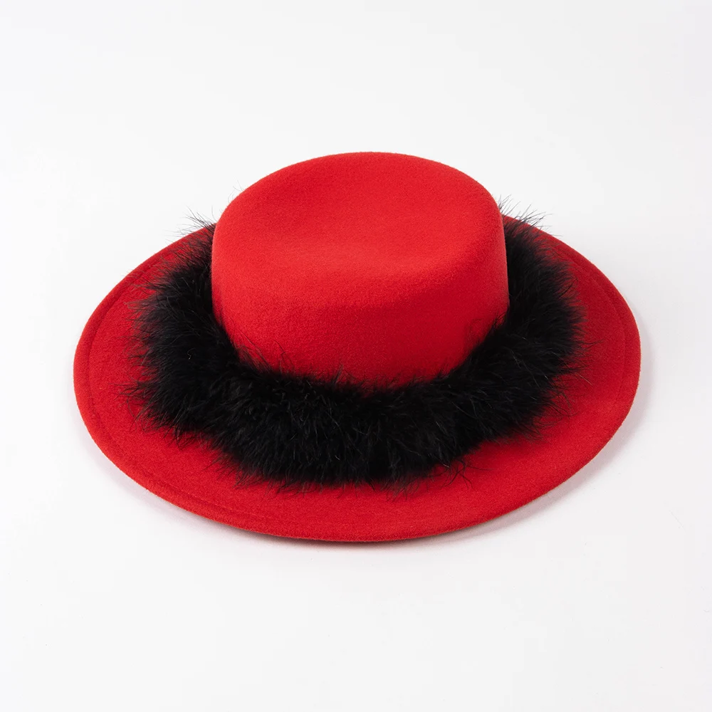 

100% Wool Felt Boater Hat With Fluffy Artificial Fur