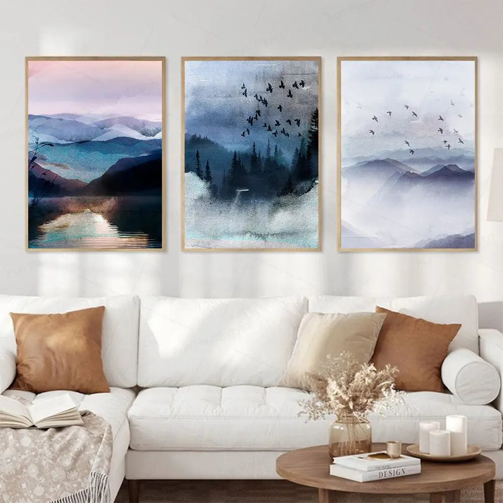 Landscape Wall Art Watercolour Poster Blue Mountain Lake Bird Nature Print Canvas Painting Picture Modern Living Room Home Decor