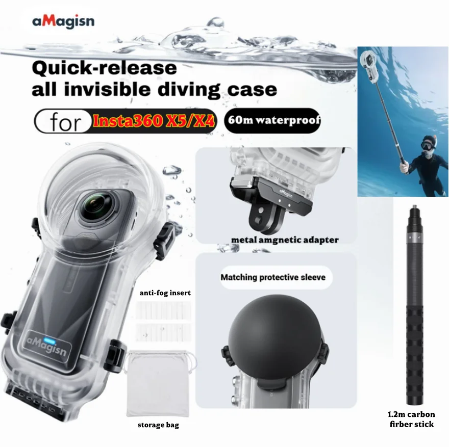 AMagisn Fully Invisible Diving Case for Insta360 X5/X4 Quick-release 60m Waterproof Invisible Diving Case Camera Accessory