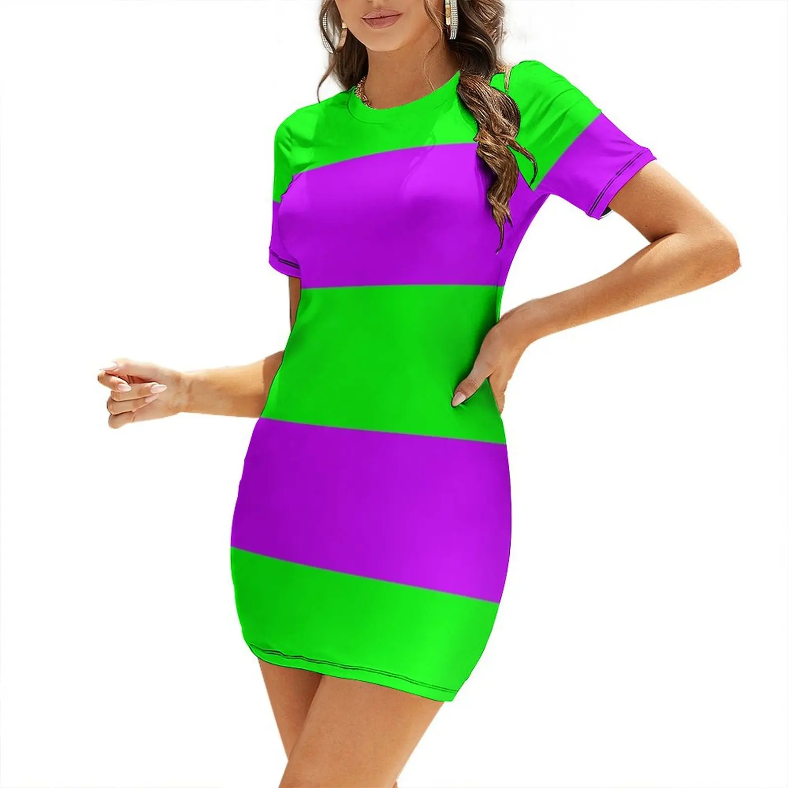 

Neon Green & Purple Wide Horizontal Stripes #1 Short Sleeved Dress Long dress woman dress