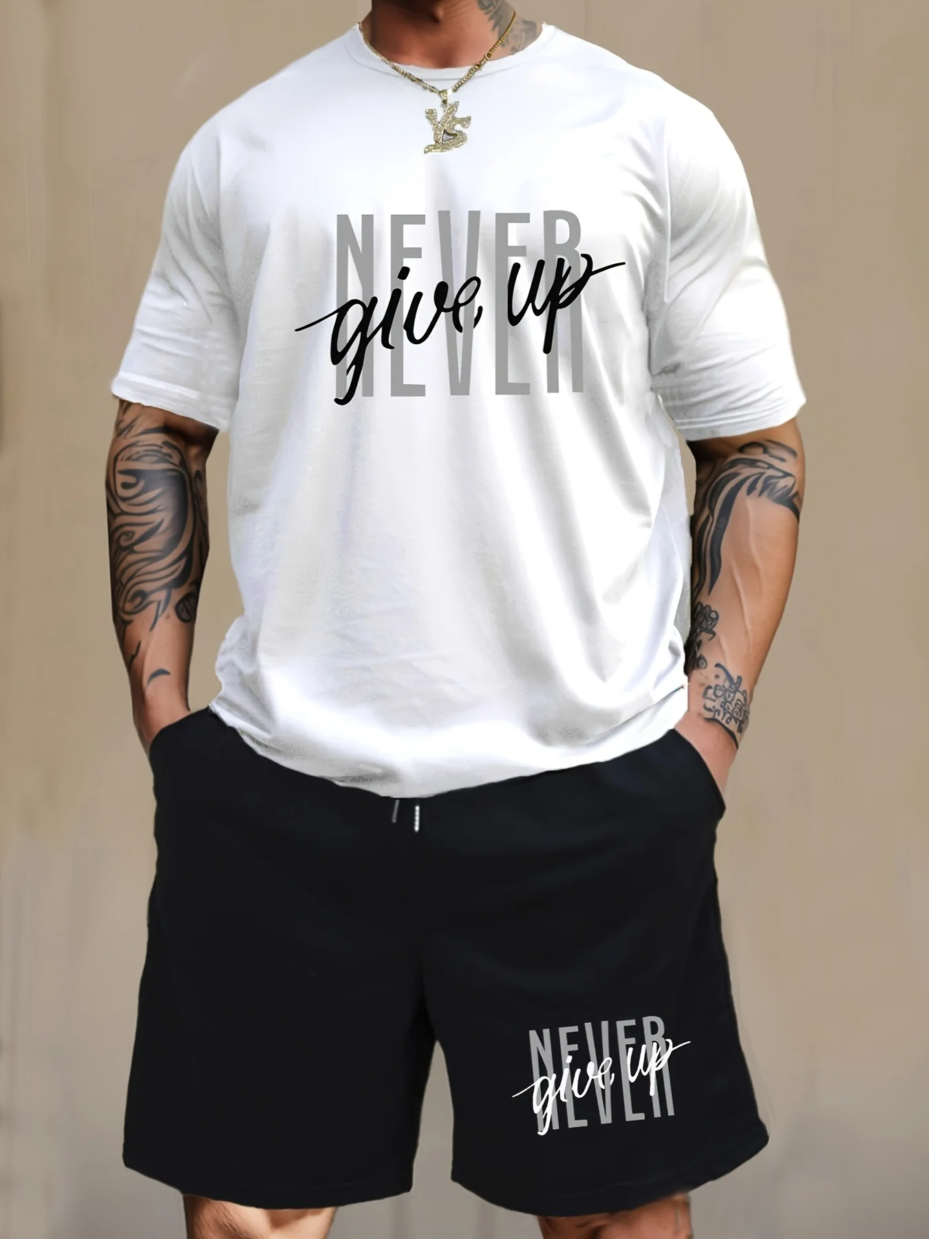 Men's Fashion NEVER GIVE UP Letter Print Loungewear Set, Short Sleeve Crew Neck Graphic T-shirt & Drawstring Shorts