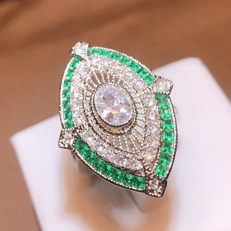 Vintage Fashion Jewelry 925 Stamp Fill White&Green AAA Cubic Zirconia CZ Princess Cut Office Party Wedding Band Ring For Women