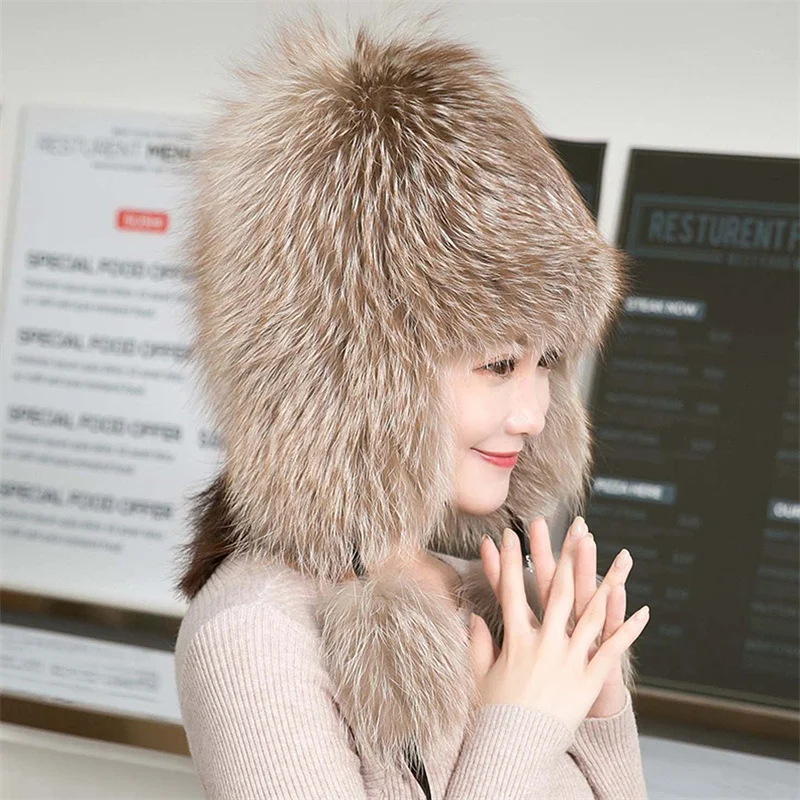 Winter High Quality Leather Straw Hat Women's Outdoor Warmth Windproof Fox Leather Straw Hat Korean Edition Ear Protection Hat