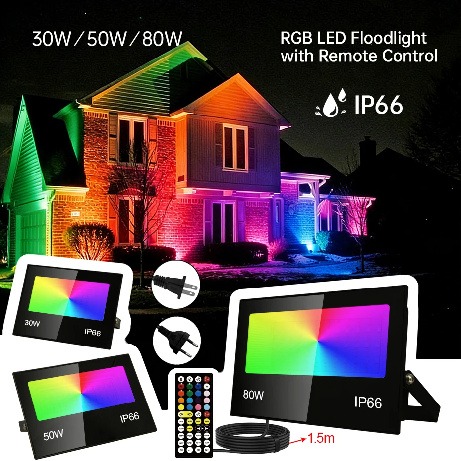 

LED RGB Flood Light with EU AU UK US Plug 30W 50W 80W AC110V 220V Led Spotlight Street Light Waterproof Outdoor Garden Lighting